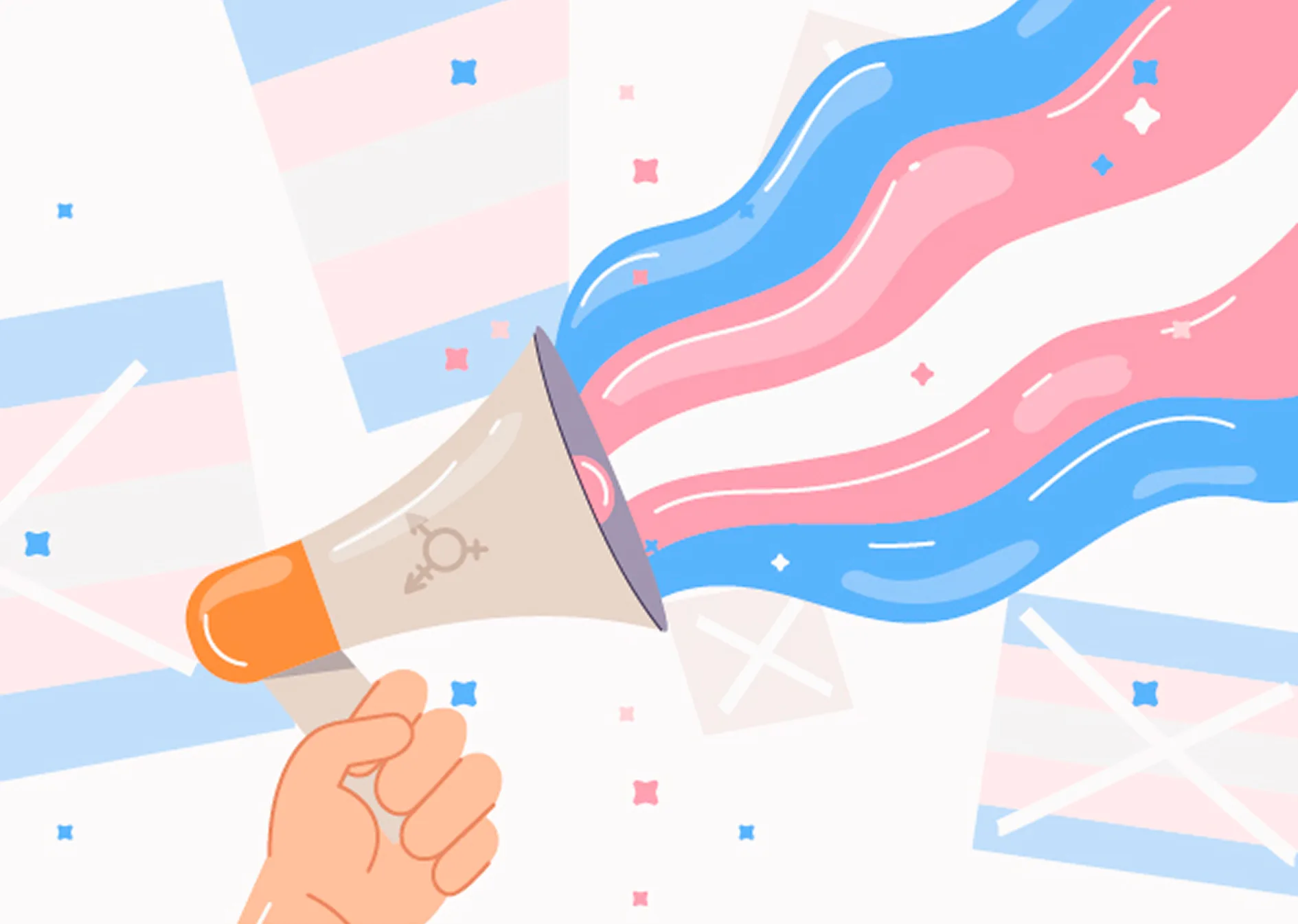 Una mano sostiene un megáfono del que sale ondeando la bandera trans.