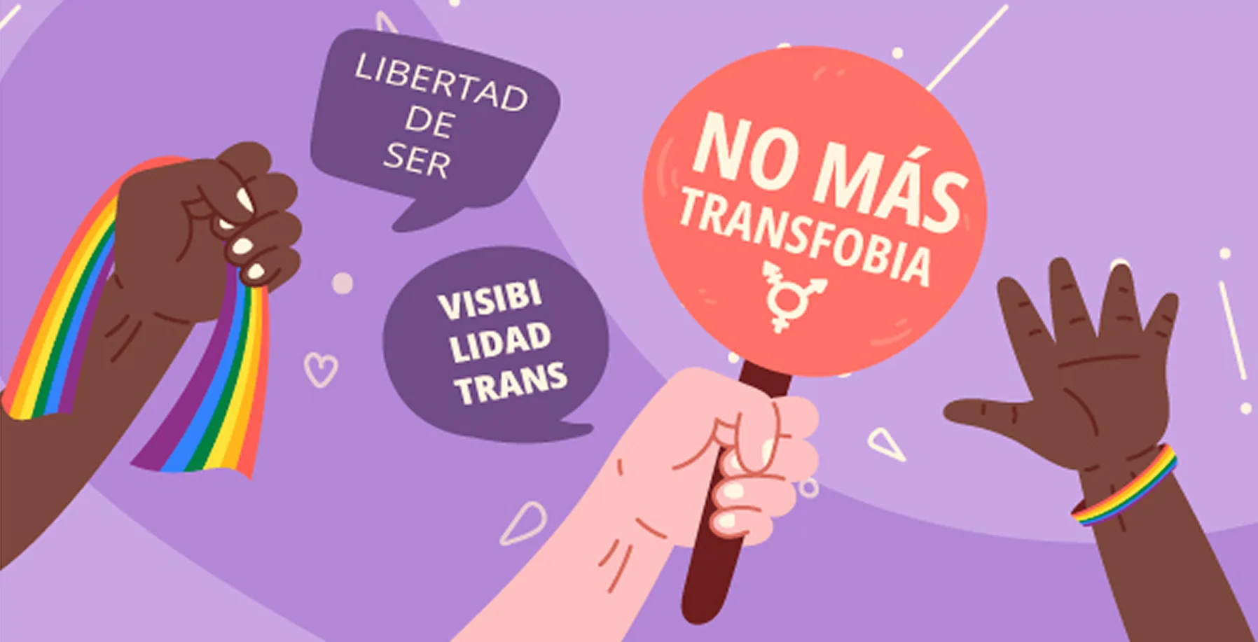Manos alzadas con una bandera arcoíris y un cartel que dice «No más transfobia», junto a bocadillos con las frases «Libertad de ser» y «Visibilidad trans».