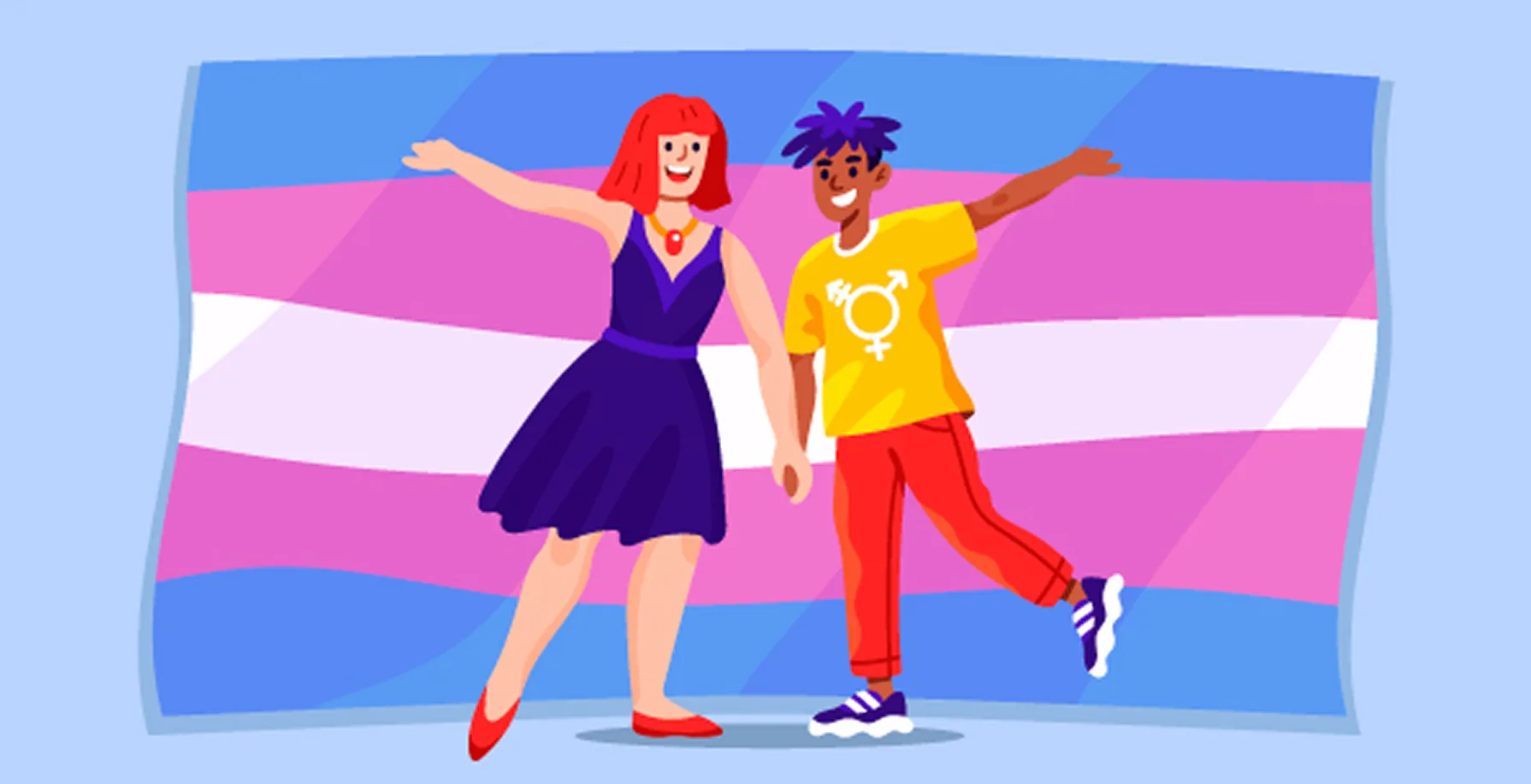 Dos personas trans bailan tomadas de la mano frente a una bandera trans.